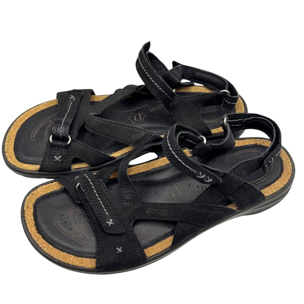 Ecco Black Leather Sandals Womens EU 40/US 9-9.5 Cork Hook Loop Outdoor Comfort - Picture 14 of 15